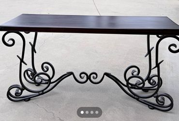 Spanish Revival Style Console Wood Top Wrought Iron Base
