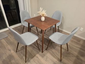 Brown Square Wooden Table and 4 Gray Upholstered Chairs