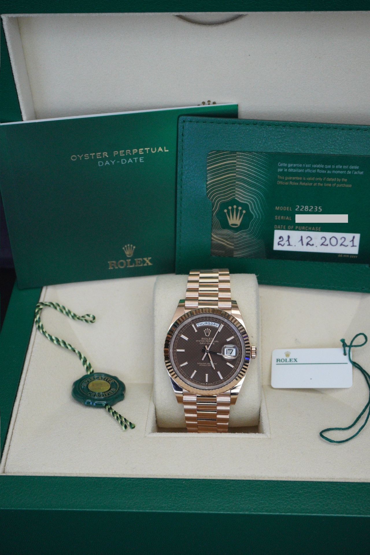 2021 Rolex Day Date 228235 Chocolate Motif Dial