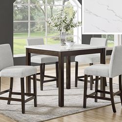 Brand New White Faux Marble Counter High Table (42"×42"×36"H) + 4 Black Or Blue Or White Chairs