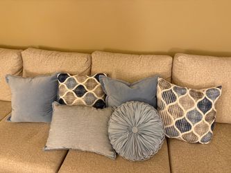 Set of 6 Decorative Throw Pillows – Blue, Gray & Beige