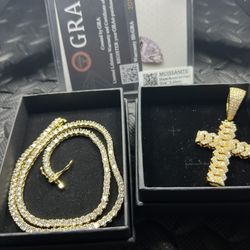 Moissanite Cross Chain Set 💎 925 Silver + Gold Tennis Chain