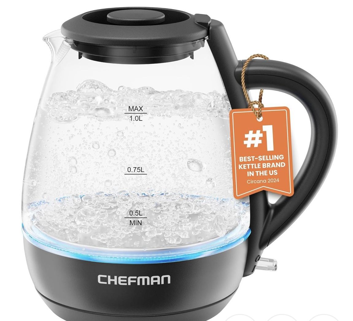 Chefman 1L Electric Tea Kettle with LED Lights, Automatic Shut Off, Removable Lid, Boil-Dry Protection, Hot Water Electric Kettle Water Boiler, Electr