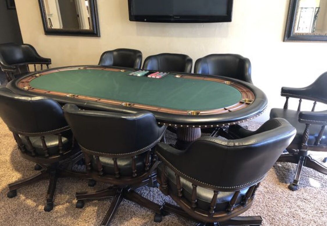 Poker Table with dining table cover, 8 leather chairs, originally $6500
