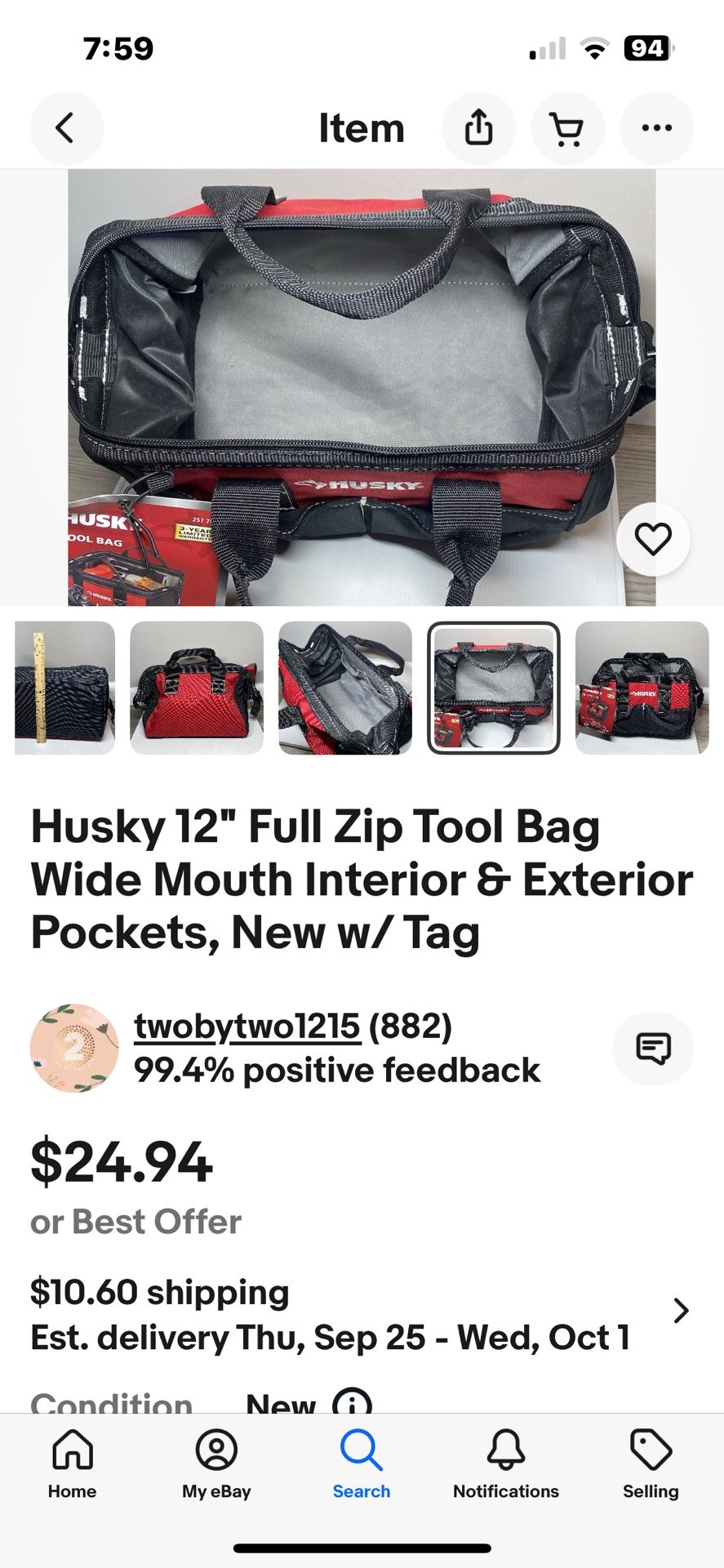 Husky 12" Full Zip Tool Bag Wide Mouth Interior & Exterior Pockets, New w/ Tag