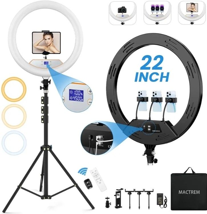 22'' Ring Light with 75'' Tripod Stand, LED Display/2 USB Ports/6500K Dimmable Ring Light for ipad Phone Holder for Tattoo Lash Live Makeup Video Reco