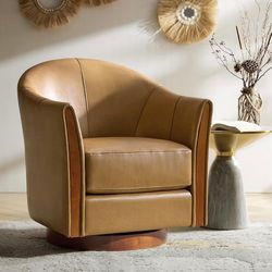 Genuine Leather Swivel Accent Chair with Solid Wood Base, Round Swivel Barrel Chair for Living Room and Bedroom, Camel