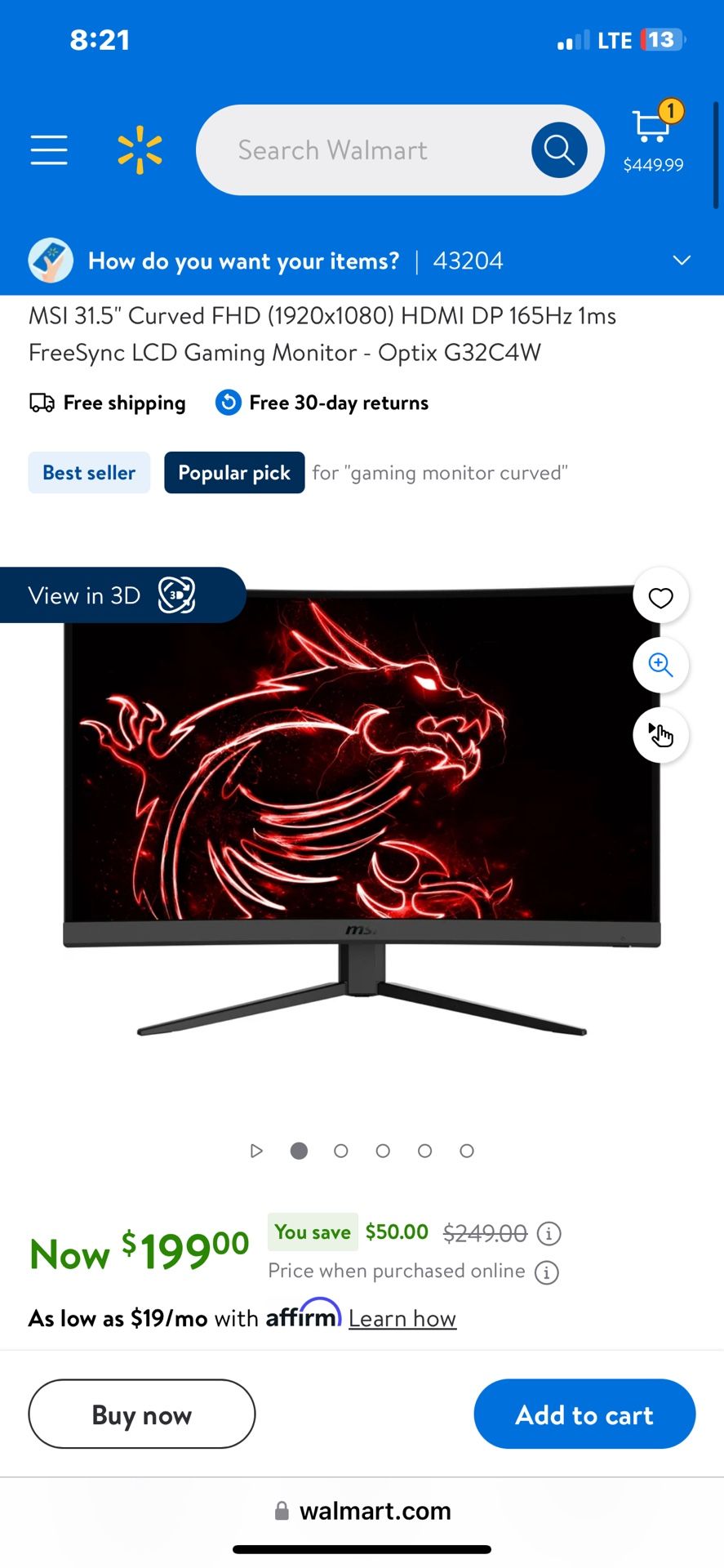 Msi 31.5in Gaming Monitor