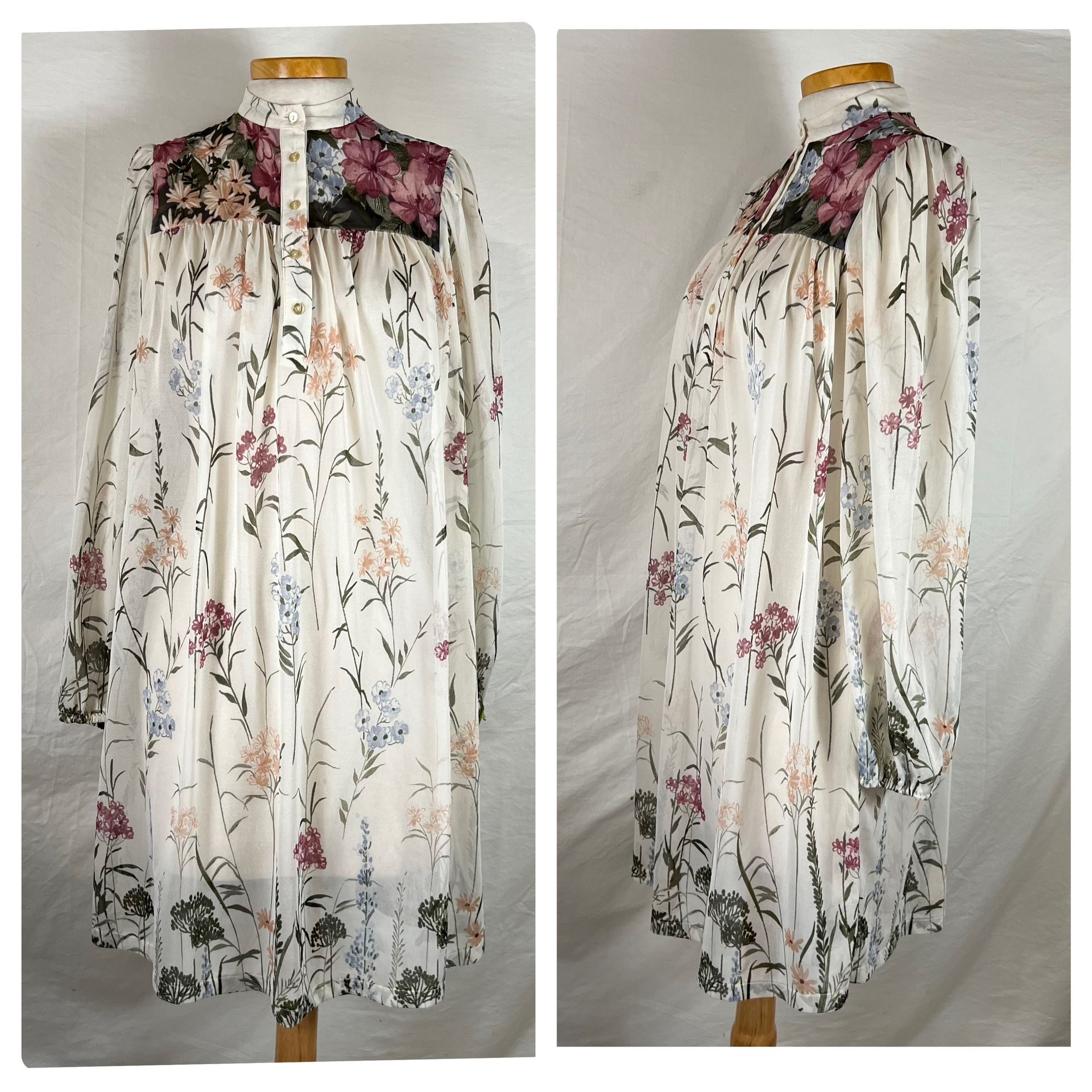 Vintage 90s JC Penney Short Sheer Floral Nightgown Chemise Long Sleeve Size S