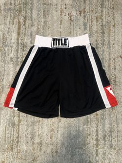 TITLE Boxing Black and Red Athletic Shorts size medium   Black athletic shorts with red and white accents. Features a Title Boxing logo on the waistba