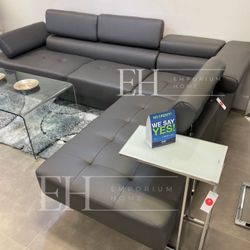 Grey Faux Leather Sofa Sectional With Adjustable Headrest 