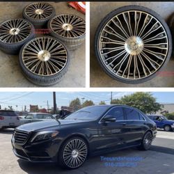 22” Staggered Black Machine Maybach Style Wheels With Tires For Mercedes S Class Fits S550 S63 S560