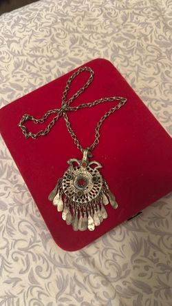 Silver-Tone Boho  antique  Egypt Pendant Necklace with Fringe