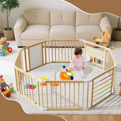 Lilypelle Wooden Baby Playpen, Foldable Large Fence and Play Yard for Toddlers, Adjustable Shape & S