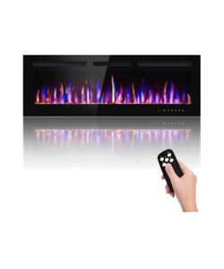 50" Electric Fireplace Wall Mounted and Recessed with Remote Control, 750/1500W Ultra-Thin Wall Fireplace Heater W/Timer Adjustable Flame Color and Br