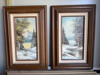 Vintage Winter Landscape Paintings by Reaves – Framed Pair (17.5”x11.5”)
