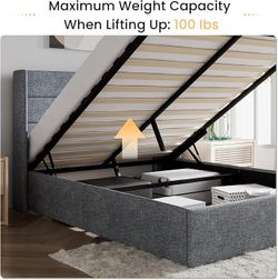 Queen Size Lift Up Storage Bed/Modern Wingback Headboard/Upholstered Platform Bed Frame/Hydraulic Storage/No Box Spring Needed/Wood Slats Support/Grey