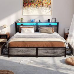 2408b $180  King Size Bed Frame with 4 Storage Drawers and Charging Station, Sturdy Platform Bed with Storage Headboard and LED Light, No Box Spring N