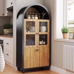 Arched Kitchen Pantry Cabinet with Glass Doors