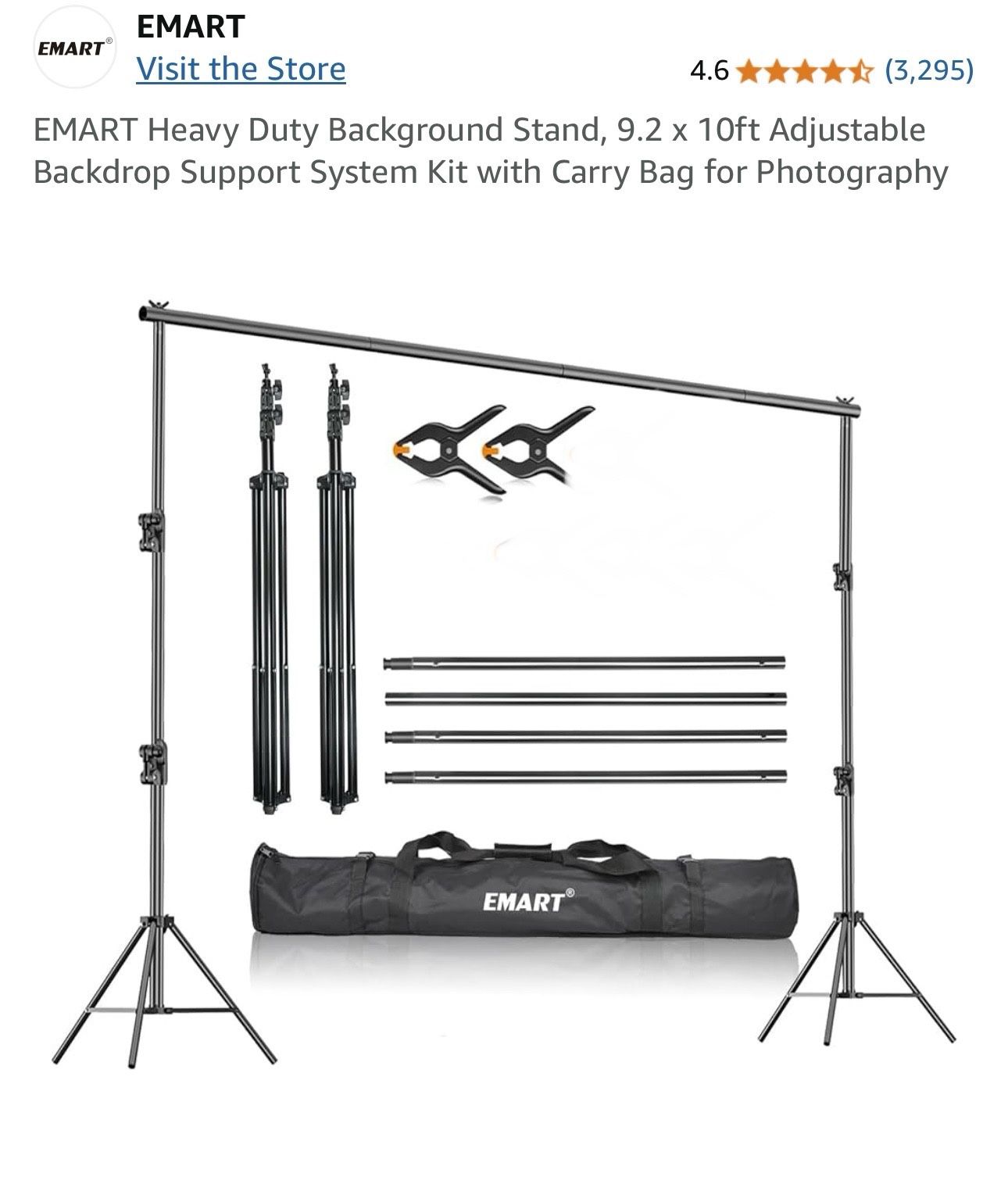 $50 Brand New EMART Heavy Duty Background Stand, 9.2 x 10ft Adjustable Backdrop Support System Kit with Carry Bag for Photography