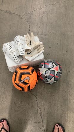 Nike Football gloves, shin guards,  two soccer balls