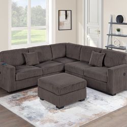 Corduroy Sectional.   4-Piece Sectional Set W/ Ottoman
RAF/LAF One-Arm Loveseat W/USB + Corner Wedge + Cocktail Ottoman

Color: Chocolate

