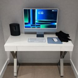 Modern White Desk / Console Table – Chrome X-Legs (Like New)