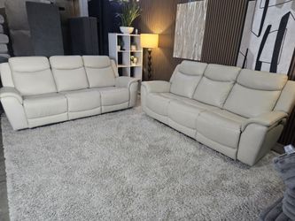 NEW- Sanders Top Grain Cream Leather 2 Power Reclining Sofas with Power Headrests