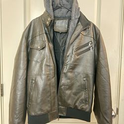 Faux Leather Jacket, Men’s Size L, with Detachable Hoodie
