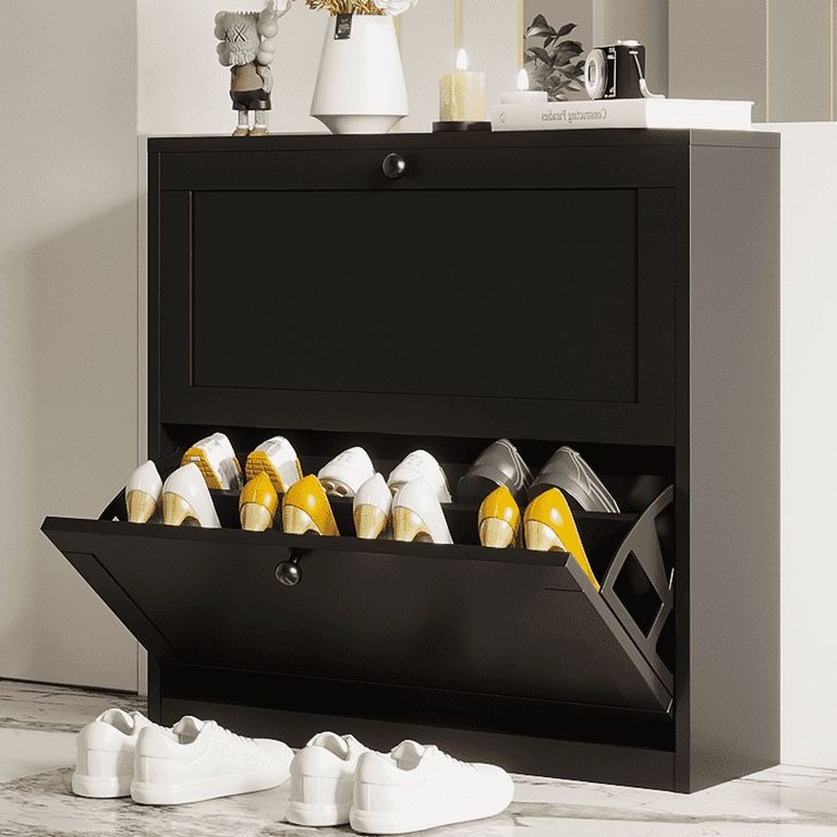 Shoe Cabinet for Narrow Entryway Shoe Rack Flip Down Wood 2 Tier for Home and Apartment Black