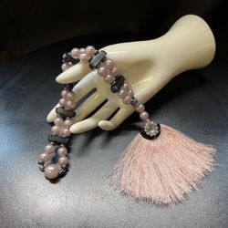 Handmade Decorative Tassel Beads – Pink Pearl Double Strand with Crystal Accent – 11”