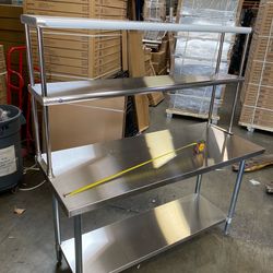 Brand new stainless steel work table with over table shelves