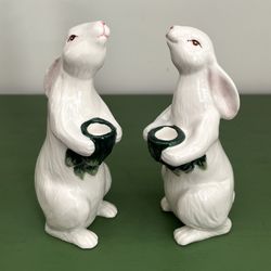 Sweet White Bunny Rabbit Candle Holder Pair Figurines Carrot Top Candle Holders
