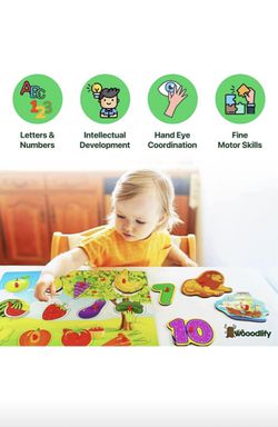 Wooden Toddler Puzzles (6-Pack) and Storage Rack, Peg Puzzles, Alphabet,  Numbers