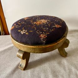 Charming Vintage Needlepoint Footstool with Gilded Frame