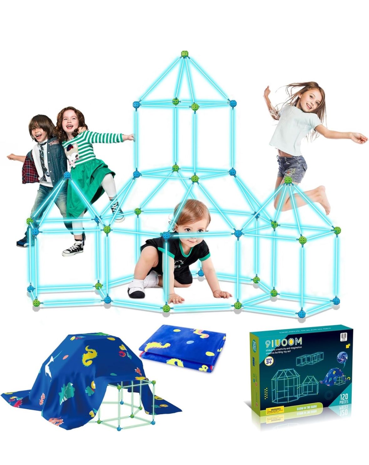 Fort Building Kit with Blanket for Kids 120 Pcs Glow in The Dark Air Forts Builder Construction Toys for 3 4 5 6 7 8 Years Boys Girls DIY Fort Buildin