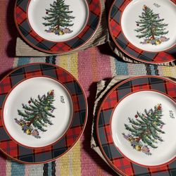 Spode Christmas Tree Tartan Salad Plate (Set of 4) - 7.75 Earthenware New