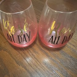 🍷 Set of 2 “Rosé All Day” Stemless Wine Glasses – Pink Ombre