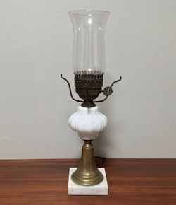Antique Electric Key Switch Marble Brass Milk Glass Table Lamp