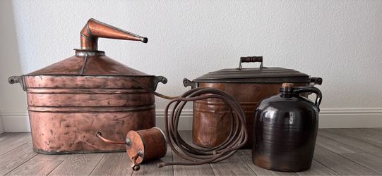 Vintage Copper Moonshine Still and Copper Wash Boiler with lid and condensing coil