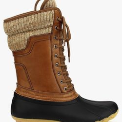 Women's Waterproof Duck Boots Rubber Two Tone Mix Media Skimmers Winter Rain Snow Mid Calf Boots