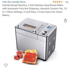 Bread Machine, 2.2LB Stainless Steel Bread Maker with Automatic Fruit Nut Dispenser, Nonstick Ceramic Pot, 15-in-1 Menu Settings, 3 Loaf Sizes, 3 Crus