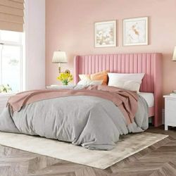 Queen Size Velvet Bed Frame/Vertical Channel Tufted Wingback Headboard. Pink