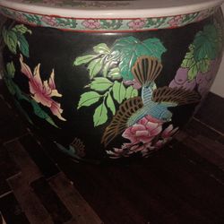 Large ceramic Oriental planter pot with birds and koi fish