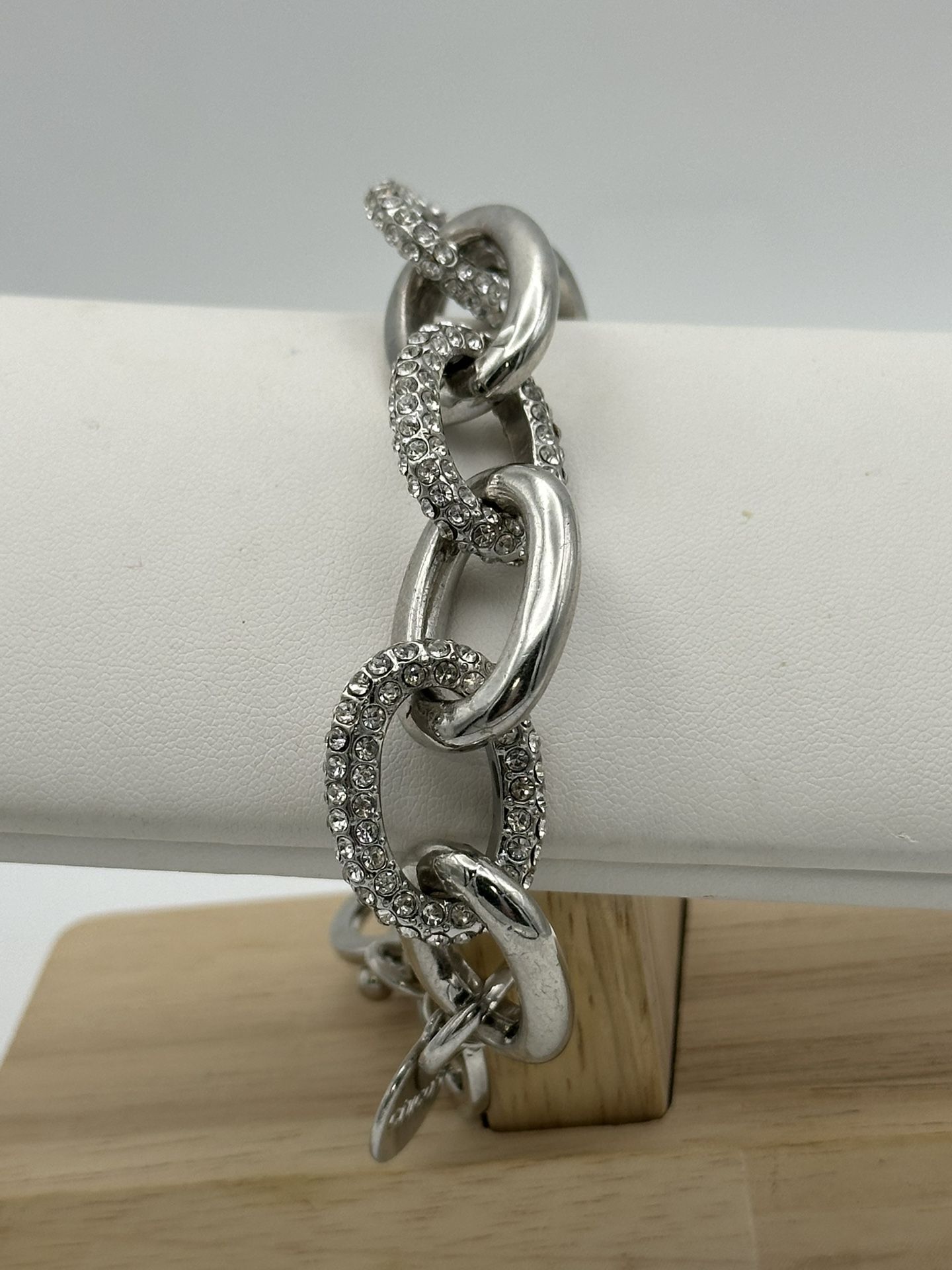 Chicos Silver Tone Bracelet Large Link 7” Adjustable Chunky Rhinestone Great Condition
