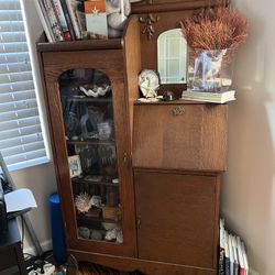 Antique Oak Secretary Drop Down Desk with Glass Bookcase/Curio Cabinet in Great Condition 