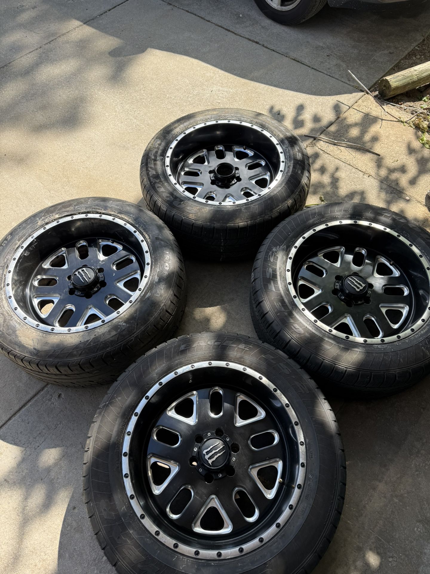 (4) 20x10 MONSTER BLACK AND MACHINED WHEELS 6x5.5 Or 6x139.7 L@@K