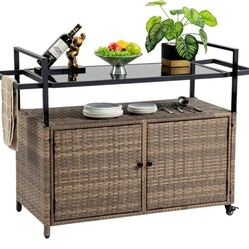 Outdoor Wicker Bar Cart, Patio Wine Serving Cart w/ Wheels – Brand New! $200 (Retails $349.99)