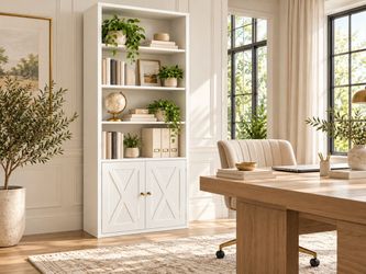 Bookcases with Doors and Shelves 11.8in Deeper engineered-wood, concealed storage, anti-tip bracket, each shelf supports up to 22 lbs, 5-Tier Storage 