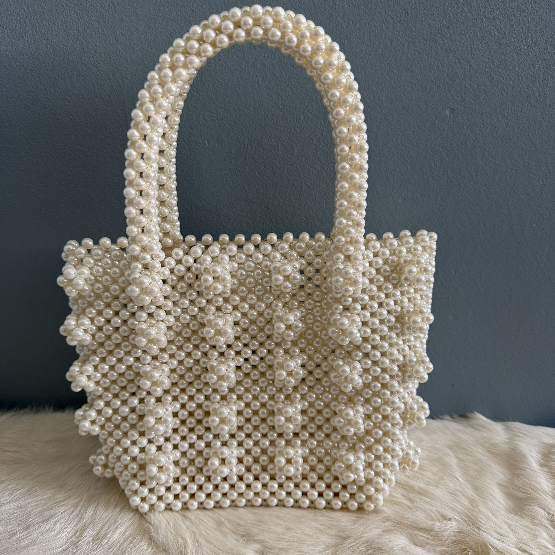 Beaded Woven Faux Ivory Pearl Tote Bag